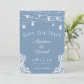 Rustikales Dusty Blue Lights Foto Wedding Save The Date (Stehend Vorderseite)