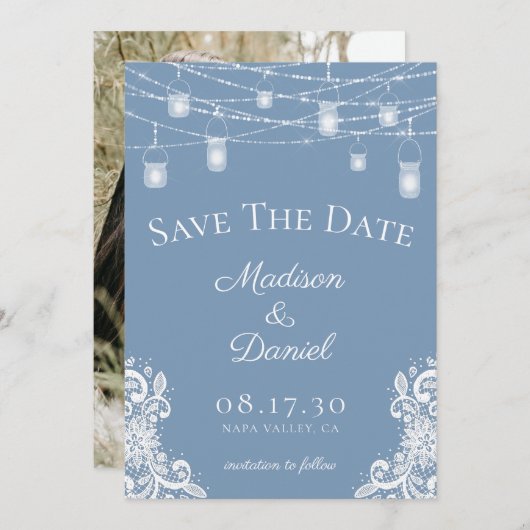 Rustikales Dusty Blue Lights Foto Wedding Save The Date (Vorne/Hinten)