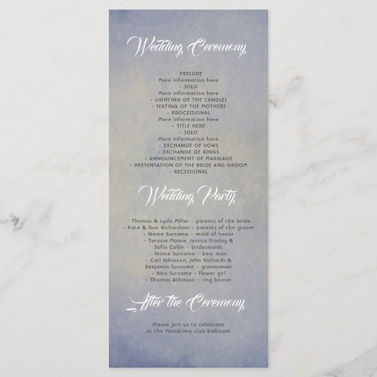 Rustikales Dusty Blue Wedding Programm für Lichter (Rückseite)