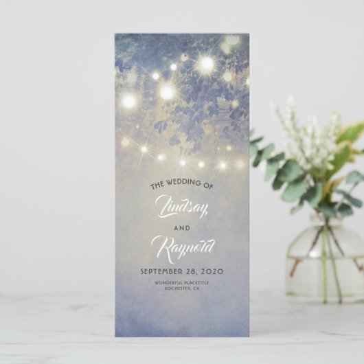 Rustikales Dusty Blue Wedding Programm für Lichter (Stehend Vorderseite)