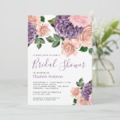 Rustikales Dusty Peach Lila Floral Brautparty Einladung (Stehend Vorderseite)