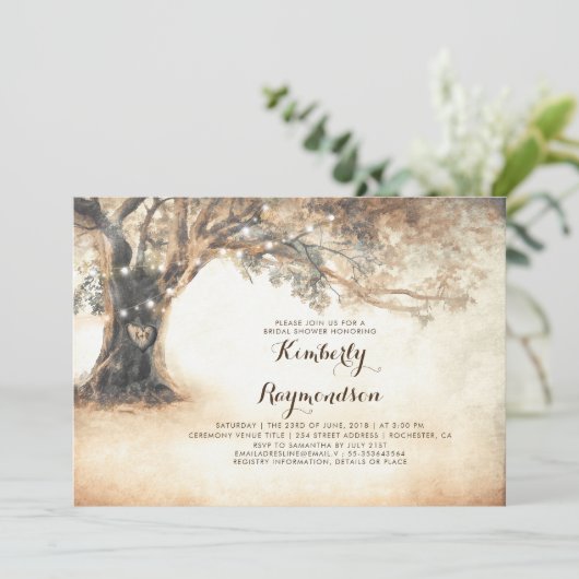 Rustikales Eichenbaum- und Strandlicht-Brautparty Einladung (Stehend Vorderseite)