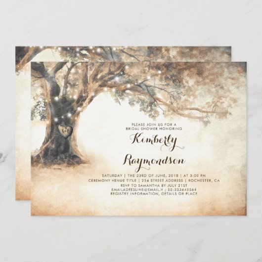Rustikales Eichenbaum- und Strandlicht-Brautparty Einladung (Vorne/Hinten)