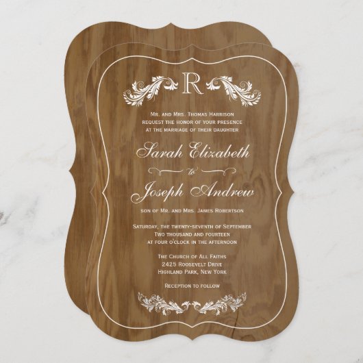 Rustikales Eichenholz formales Monogramm Einladung (Vorne/Hinten)