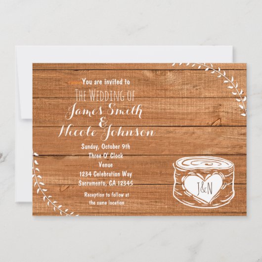 Rustikales Eichenholz & Herz Einladung zur Hochzei (Vorderseite)