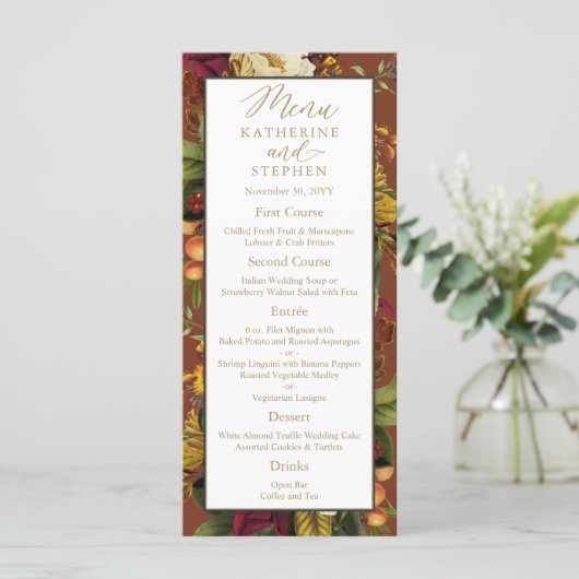 Rustikales Elegance Blumenstrauß Hochzeitsempfang Menükarte (Stehend Vorderseite)