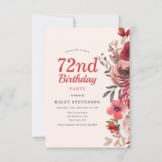 Rustikales Elegant Boho Chic Floral 72. Geburtstag Einladung (Vorderseite)
