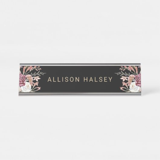 Rustikales Elegant Boho Floral auf Schwarz mit Nam Schreibtischnamensplakette (Vorderseite )