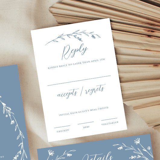 Rustikales Elegant Dusty Blue Wildblume Wedding RSVP Karte