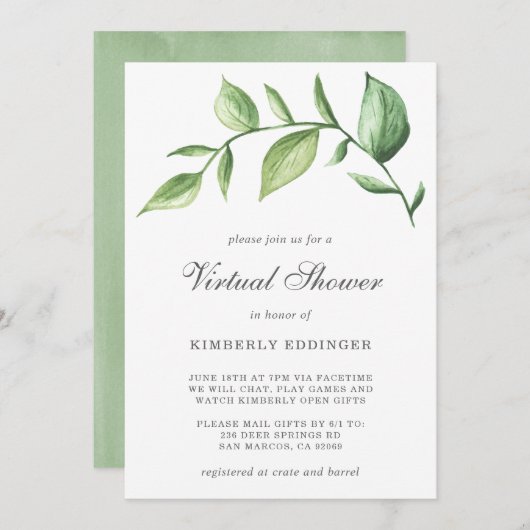 Rustikales Elegant Greenery Virtual Brautparty Einladung (Vorne/Hinten)