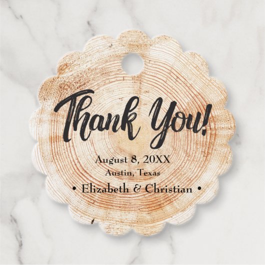 Rustikales Elegant Wedding Wood Cut Danke Geschenkanhänger (Vorderseite)
