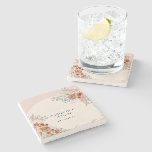 Rustikales Elegante Boho Terracotta Pampas Wedding Steinuntersetzer (Seitenansicht)