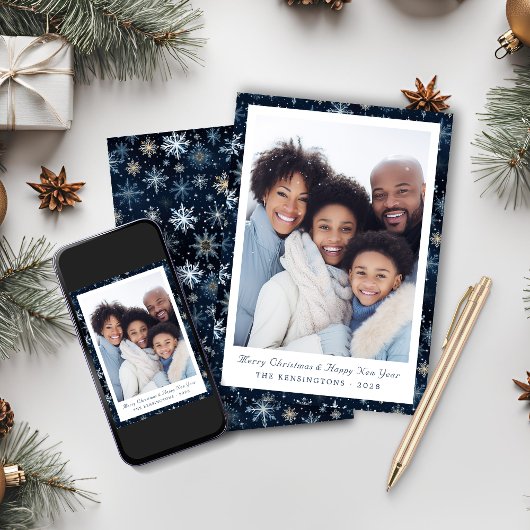 Rustikales Elegantes Blue Snowflakes Foto Feiertagskarte