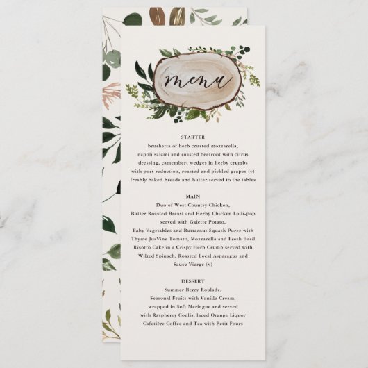 Rustikales, elegantes botanisches Hochzeitsmenü Menükarte (Vorne/Hinten)