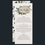 Rustikales, elegantes botanisches Hochzeitsmenü Menükarte<br><div class="desc">Rustikales Hochzeitsmenü mit Blumen und Holz. Moderne rustikale Hochzeitsreihe mit Aquarellwald,  Blumen- und Junggebirge. Teil einer Sammlung</div>