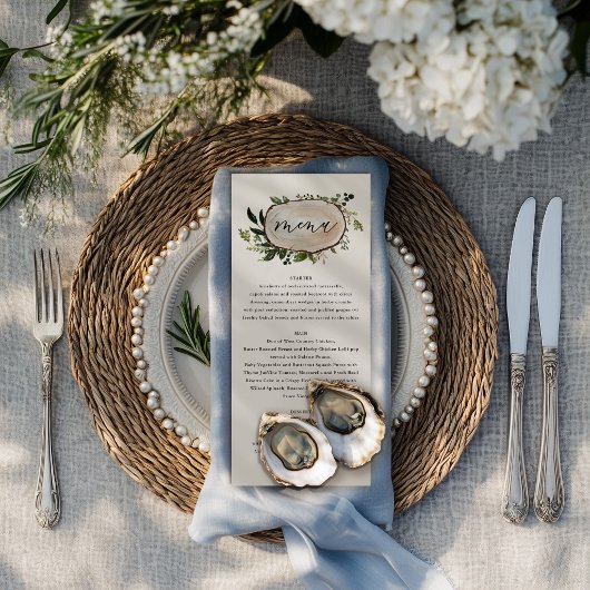 Rustikales, elegantes botanisches Hochzeitsmenü Menükarte
