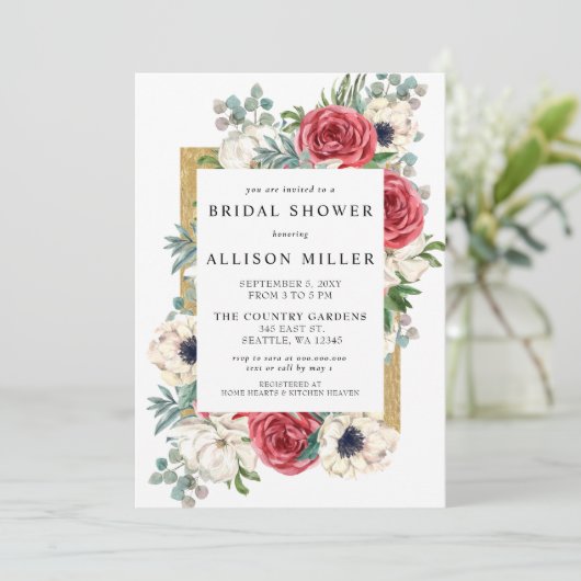 Rustikales elegantes Brautparty aus Rot und Gold Einladung (Stehend Vorderseite)