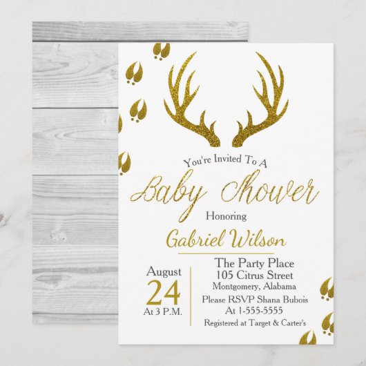 Rustikales Elegantes Grauholz Gold Antlers Baby Du Einladung (Vorne/Hinten)