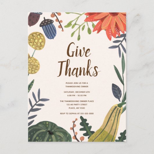 Rustikales elegantes Pumkin Erntedank Dinner Party Postkarte (Vorderseite)