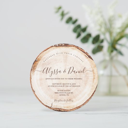 Rustikales, elegantes Script-Holz geschnitten Slic Einladung (Stehend Vorderseite)