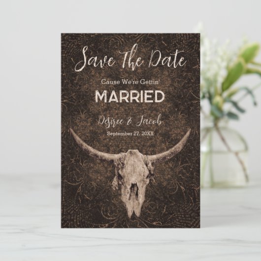 Rustikales Eleganza Brown Western Bull Skull Save The Date (Stehend Vorderseite)