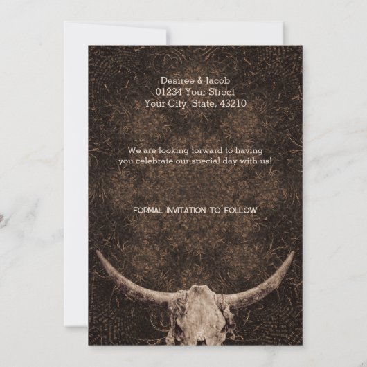 Rustikales Eleganza Brown Western Bull Skull Save The Date (Rückseite)