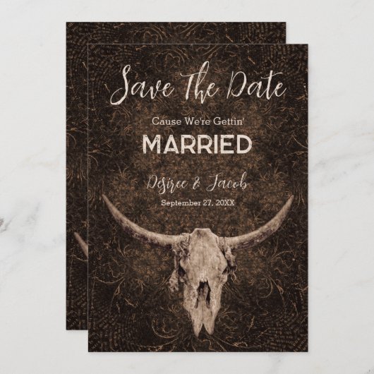 Rustikales Eleganza Brown Western Bull Skull Save The Date (Vorne/Hinten)
