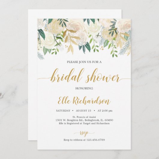Rustikales Elfenbeingold-Blumengrün Einladung (Vorne/Hinten)