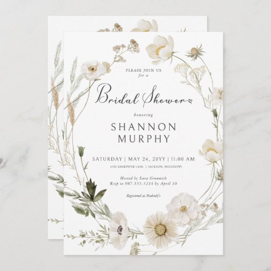 Rustikales Elfenbeinküste-Wildblume-Kranz-Brautpar Einladung (Vorne/Hinten)