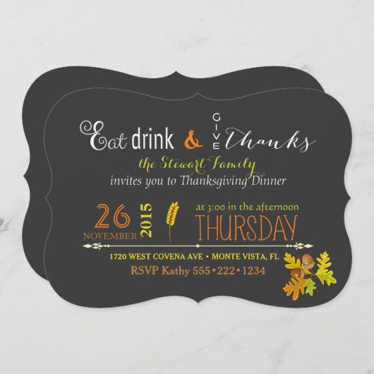 Rustikales Erntedank Abendessen Herbst Chalkboard Einladung (Vorne/Hinten)