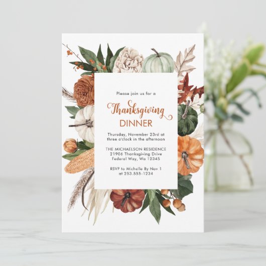 Rustikales Erntedank Dinner Pumpkin Einladung (Stehend Vorderseite)