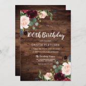 Rustikales Erröten & Burgund Blume 100. Geburtstag Einladung (Vorne/Hinten)