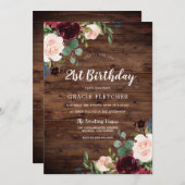 Rustikales Erröten & Burgund Blume 21. Geburtstag Einladung (Vorne/Hinten)