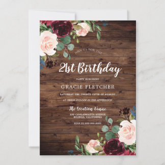 Rustikales Erröten & Burgund Blume 21. Geburtstag Einladung