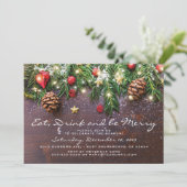 Rustikales Essen Drink & be Merry Xmas Feier Party Einladung (Stehend Vorderseite)