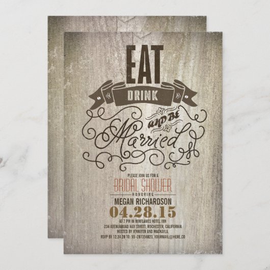 Rustikales Essen trinken und verheiratetes Brautpa Einladung (Vorne/Hinten)