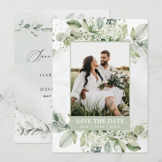 Rustikales Eukalyptus-Foto Save The Date (Vorne/Hinten)