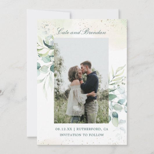 Rustikales Eukalyptus Grünes Foto Elegante Hochzei Save The Date (Vorderseite)