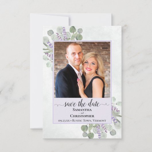 Rustikales Eukalyptus & Lavender Lila Hochzeitsfei Save The Date (Vorderseite)