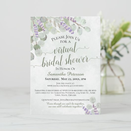 Rustikales Eukalyptus & Lavender Virtual Brautpart Einladung (Stehend Vorderseite)