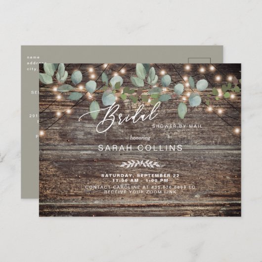 Rustikales Eukalyptus & Lights Brautparty per Post Einladungspostkarte (Vorne/Hinten)