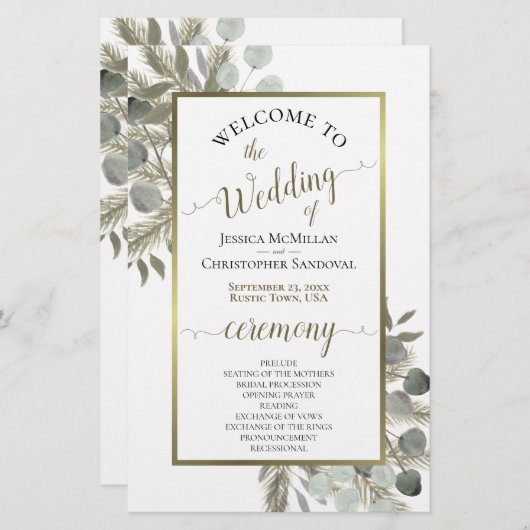 Rustikales Eukalyptus & Pine Budget Hochzeitsprogr (Vorne/Hinten)