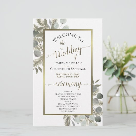 Rustikales Eukalyptus & Pine Budget Hochzeitsprogr (Stehend Vorderseite)