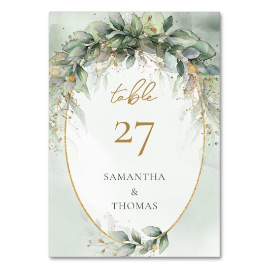 Rustikales Eukalyptus Salbei grün Gold Tischnummer (Vorderseite)