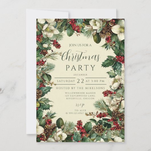 Rustikales Evergreen Berry Weihnachts-Party Einladung (Vorderseite)