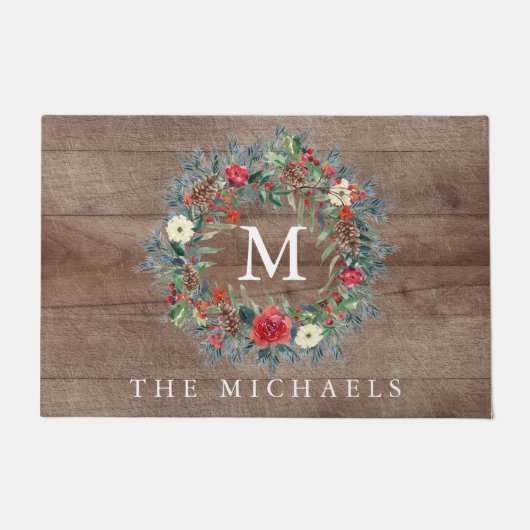 Rustikales Evergreen Wreath Weihnachten Fußmatte (Vorderseite)
