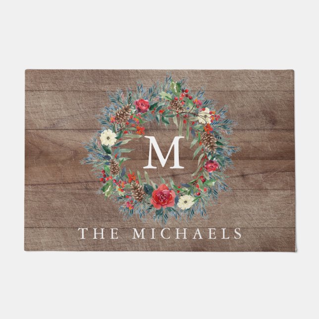 Rustikales Evergreen Wreath Weihnachten Fußmatte (Vorderseite)