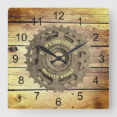 Rustikales Fahrradgetriebe-Sprocket-Vorhängeschild Quadratische Wanduhr (Vorderseite)