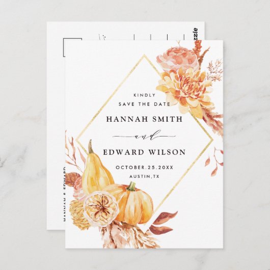 Rustikales Fall Floral Wedding Foto Save the Date Postkarte (Vorne/Hinten)