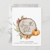 Rustikales Fall Foto Wood Slice Boho Save the Date Ankündigungspostkarte (Vorne/Hinten)